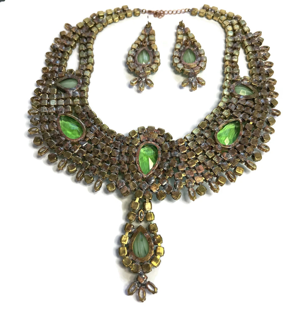 Czech Glass Green Statement Necklace and matching earrings - Vintage Lane Jewelry
