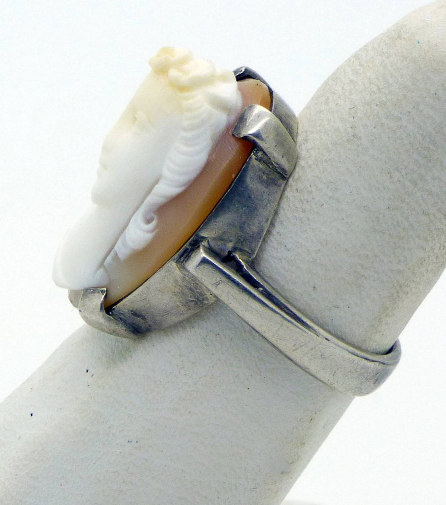 High Relief Sterling Silver Carved Shell Lady Cameo Ring, Size 6 - Vintage Lane Jewelry