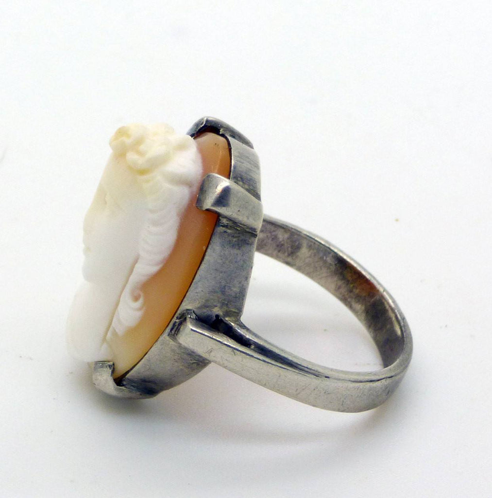High Relief Sterling Silver Carved Shell Lady Cameo Ring, Size 6 - Vintage Lane Jewelry