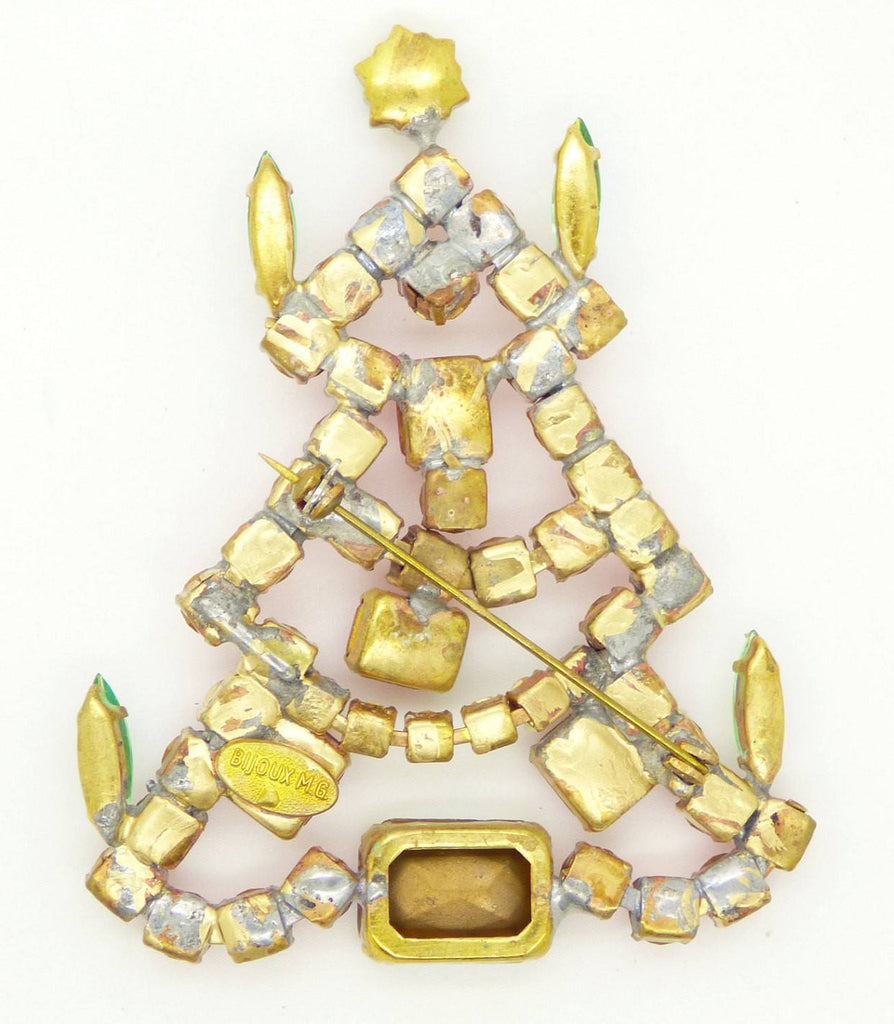 Pink Czech Glass Rhinestone Bijoux MG Christmas tree pin, xmas brooch - Vintage Lane Jewelry