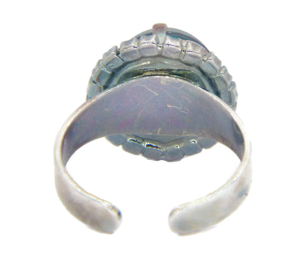 Mood Ring Shiny Silver Plated Metal Turquoise Rhinestones - Vintage Lane Jewelry