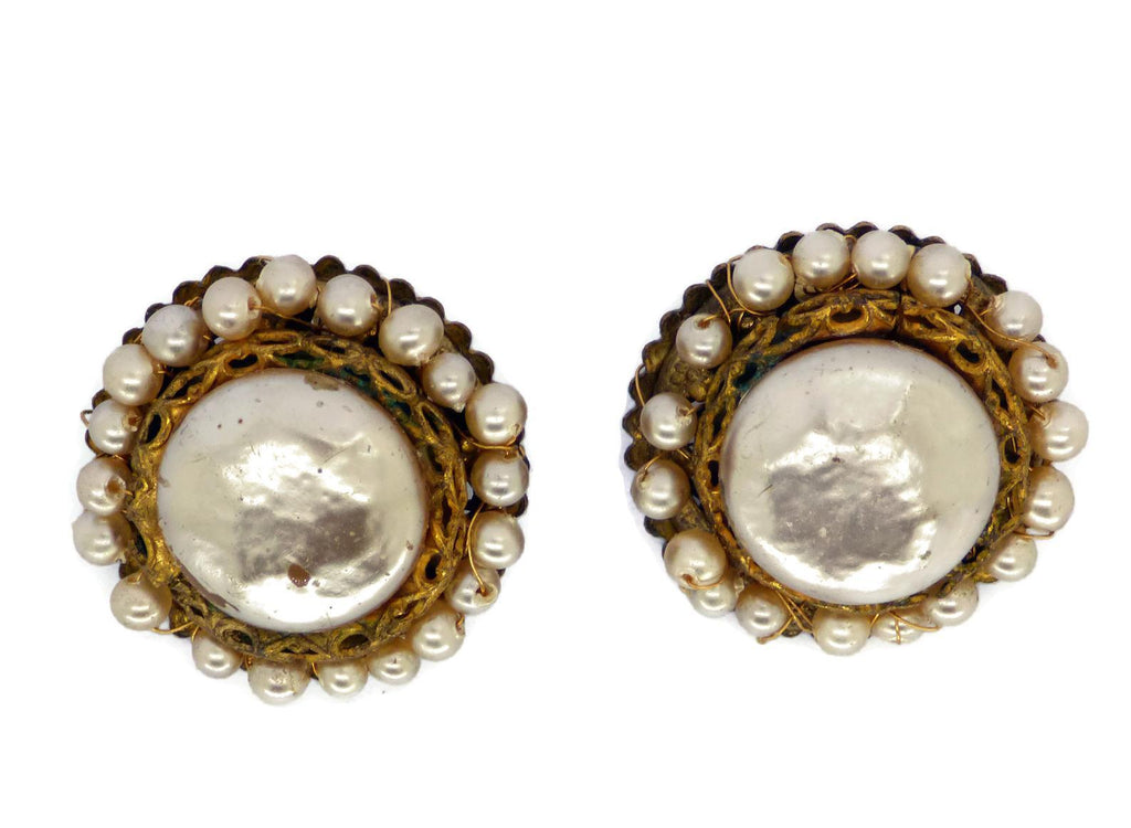 Miriam Haskell Gold Glass Pearl Clip Earrings - Vintage Lane Jewelry