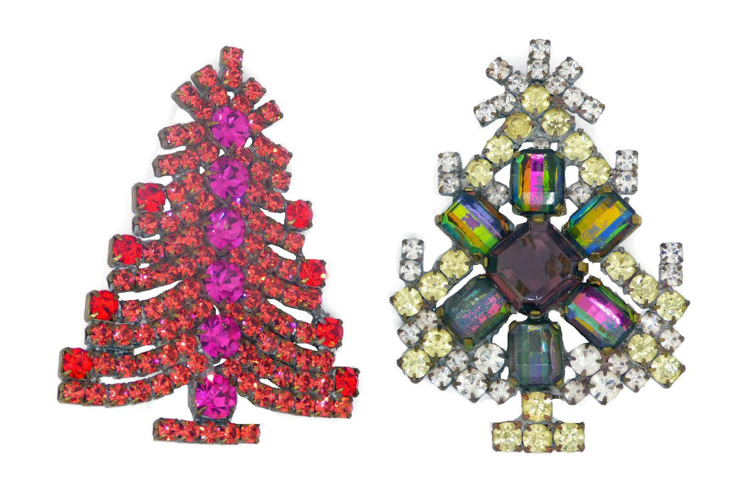 Czech Rhinestone Christmas Tree Brooches Husar D - Vintage Lane Jewelry