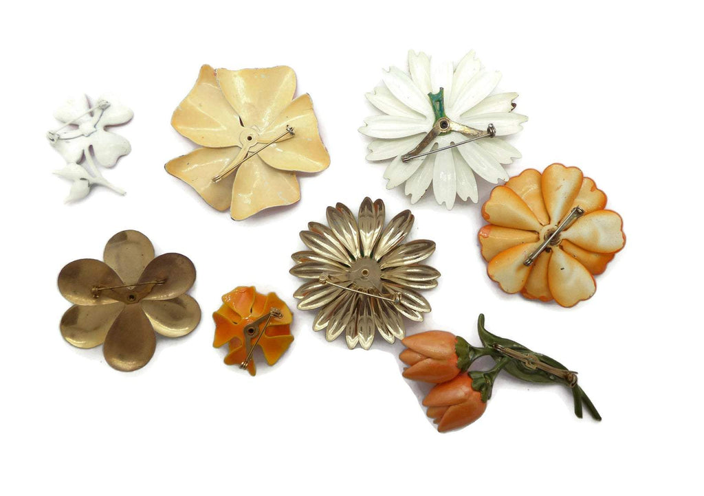 Vintage Orange Enamel Flower Pin Lot - Vintage Lane Jewelry