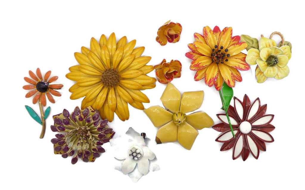 Autumn Colors Enamel Flower Lot 8 flowers, clip earrings - Vintage Lane Jewelry