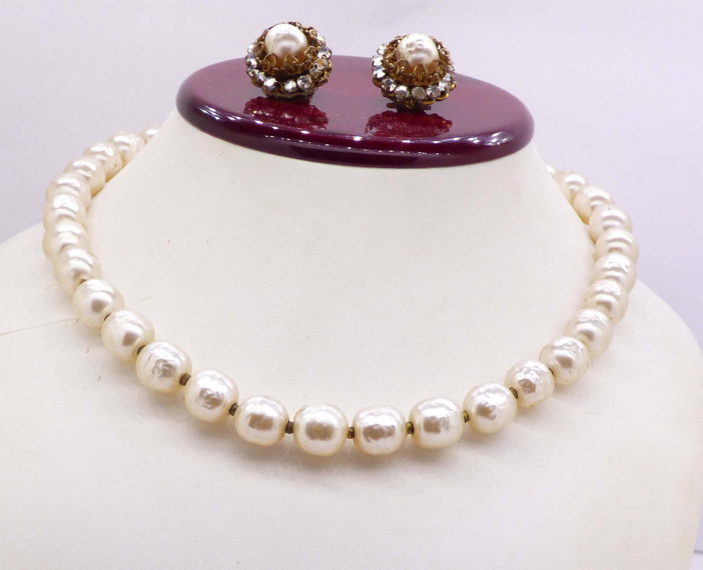 Miriam Haskell Baroque Glass Pearl Necklace and Earrings - Vintage Lane Jewelry