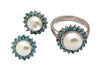 Pearl and Neon Blue Apatite Ring Earring Set - Vintage Lane Jewelry