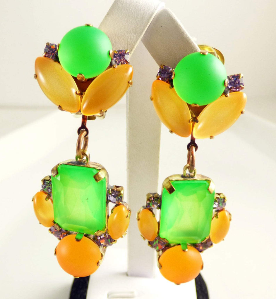 Czech Neon Green and Orange Clip Earrings - Vintage Lane Jewelry