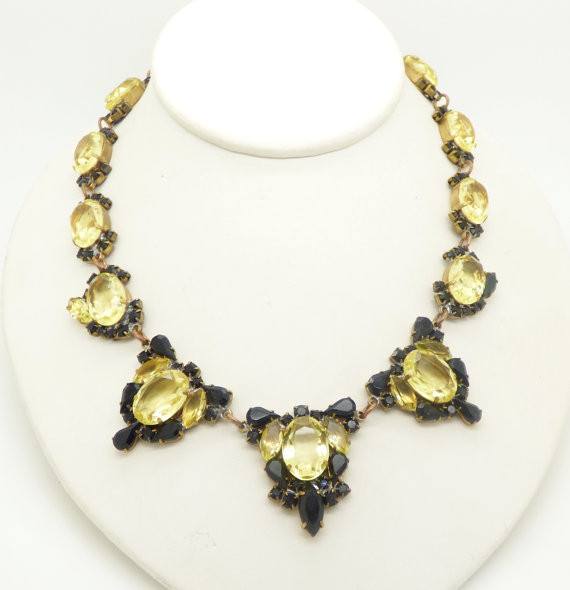 Black and Yellow Czech Glass Necklace, Clip Earring Set - Vintage Lane Jewelry