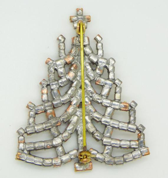 Czech Glass Red AB Rhinestone Christmas Tree Brooch, Xmas Pin, Holiday Brooch. - Vintage Lane Jewelry