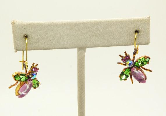 Czech Glass Rhinestone Fly Earrings, Pink Body and Mint Green Wings, Pierced style earrings - Vintage Lane Jewelry