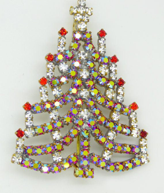Czech Glass Red AB Rhinestone Christmas Tree Brooch, Xmas Pin, Holiday ...