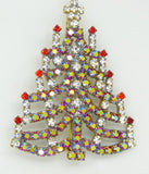 Czech Glass Red AB Rhinestone Christmas Tree Brooch, Xmas Pin, Holiday Brooch. - Vintage Lane Jewelry