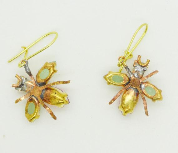 Czech Glass Rhinestone Fly Earrings, Red Body and Opaque Mint Green Wings, Pierced Style Earrings - Vintage Lane Jewelry