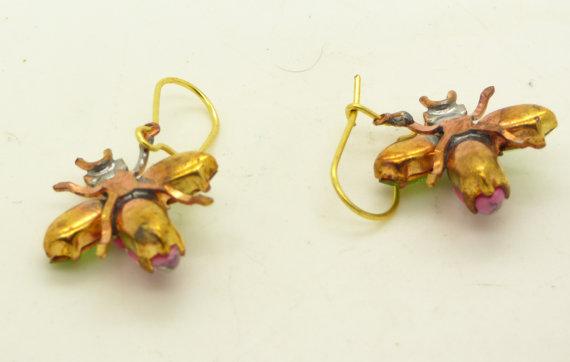 Czech Glass Rhinestone Fly Earrings, Pink Body and Mint Green Wings, Pierced style earrings - Vintage Lane Jewelry