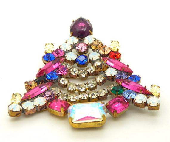 Multicolored Rhinestone Czech Glass Bijoux MG Christmas tree pin, xmas brooch - Vintage Lane Jewelry