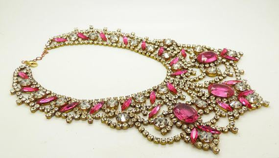 Czech Glass Husar D Pink and Clear Huge Statement Necklace - Vintage Lane Jewelry