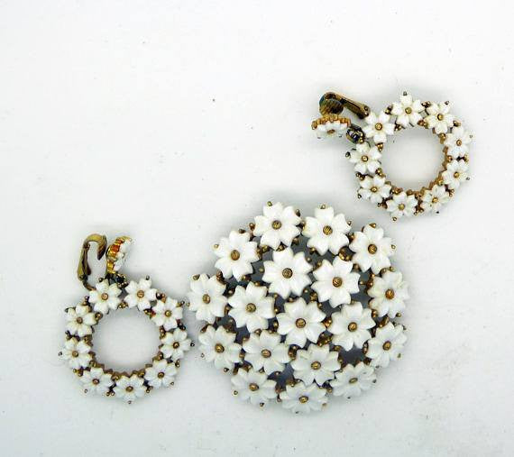 Marvella White Thermoset Flower Demi Parure, Clip Earrings - Vintage Lane Jewelry