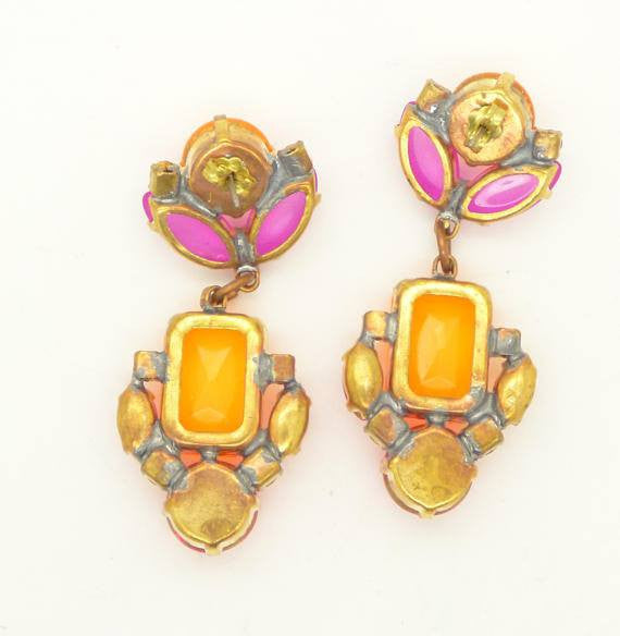 Czech Orange and Pink Neon Pierced Style Earrings - Vintage Lane Jewelry