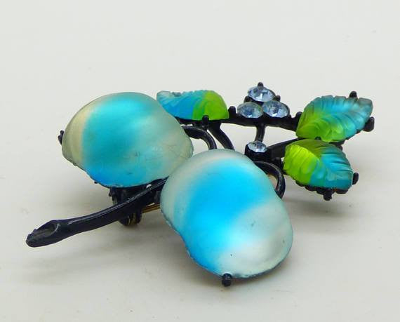Austria Double Cherries Aqua Blue and Frosted White Glass Fruit Brooch - Vintage Lane Jewelry