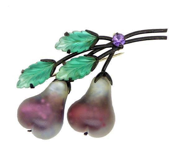 Double Pear Austria Frosted Purple Fruit Brooch - Vintage Lane Jewelry