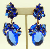 Czech Glass Royal Blue Dangle Clip Earrings, Rhinestone, open-back - Vintage Lane Jewelry