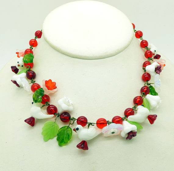 Glass Bird Red Beaded Necklace with Green Glass Leaves, Glass flowers and Whtie Glass Birds - Vintage Lane Jewelry