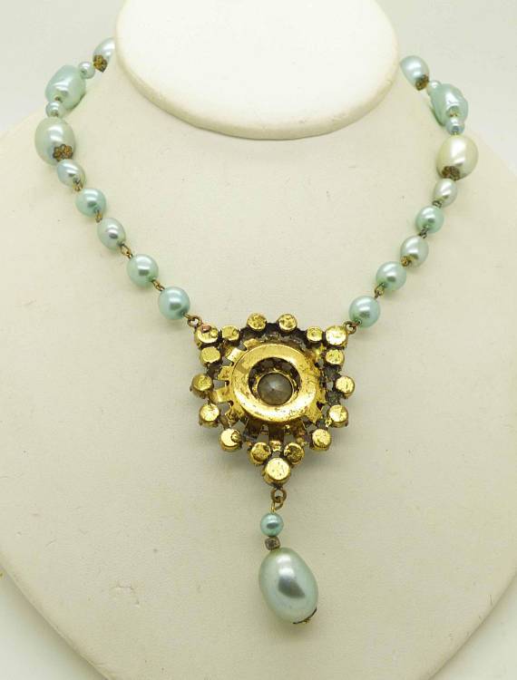 Vintage Baroque Pale Blue Glass Pearl AB Crystal Drop Pendant Necklace - Vintage Lane Jewelry