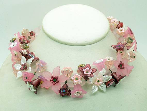 Pink, Pearly White and Dark Pink Lucite Flowers and Pale Pink Glass Beaded Necklace - Vintage Lane Jewelry