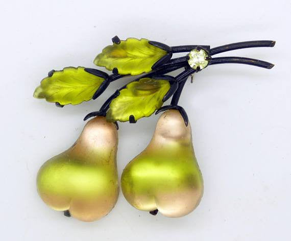 Double Pear Austria Frosted Green Fruit Brooch - Vintage Lane Jewelry