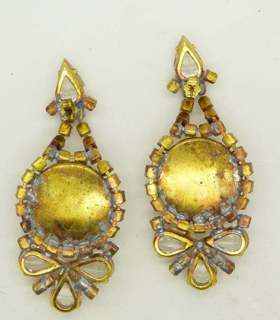 Pale Pink and Clear Rhinestone Bow Pierced Style Czech Earrings - Vintage Lane Jewelry