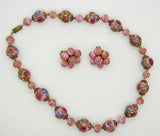 Venetian Wedding Cake Rose Pink Necklace and Matching Clip Earrings - Vintage Lane Jewelry