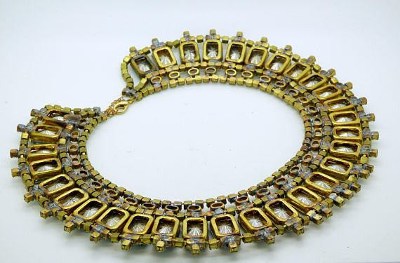 Fuchsia and Clear Stones Czech Rhinestone Bib Necklace - Vintage Lane Jewelry