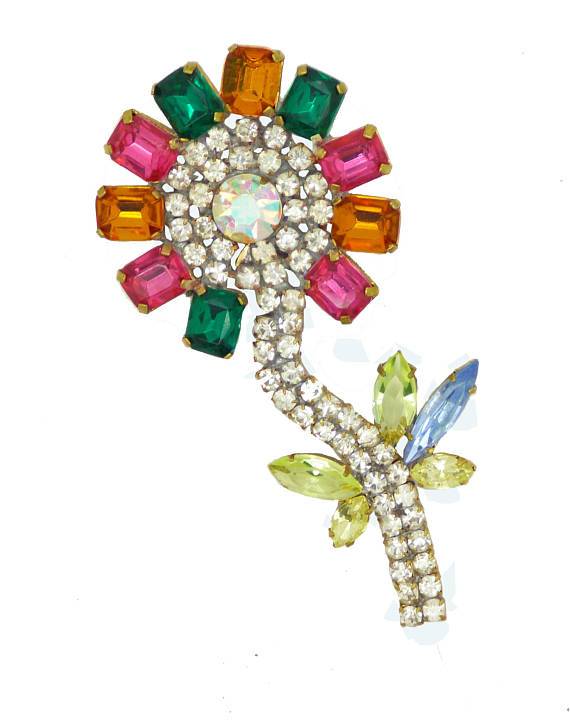 Czech Glass Rhinestone Flower Brooch, Bijoux MG - Vintage Lane Jewelry