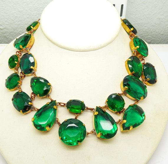 Czech Glass Emerald Green Cluster Statement Necklace and Pierced Earrings Set - Vintage Lane Jewelry