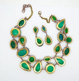 Czech Glass Emerald Green Cluster Statement Necklace and Pierced Earrings Set - Vintage Lane Jewelry