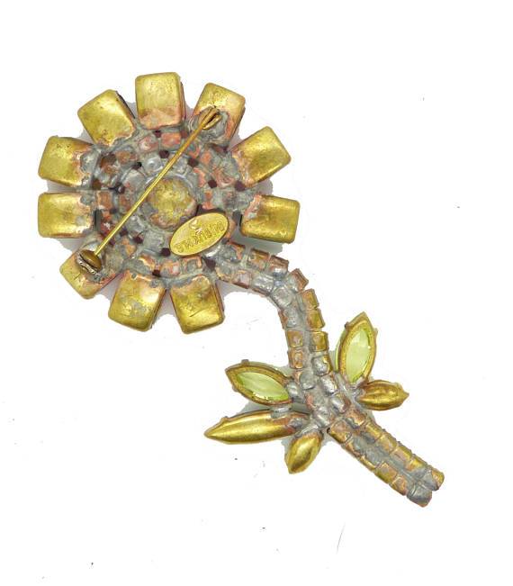 Czech Glass Rhinestone Flower Brooch, Bijoux MG - Vintage Lane Jewelry