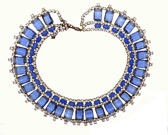 Sky Blue and Clear Rhinestone Czech Rhinestone Bib Necklace - Vintage Lane Jewelry