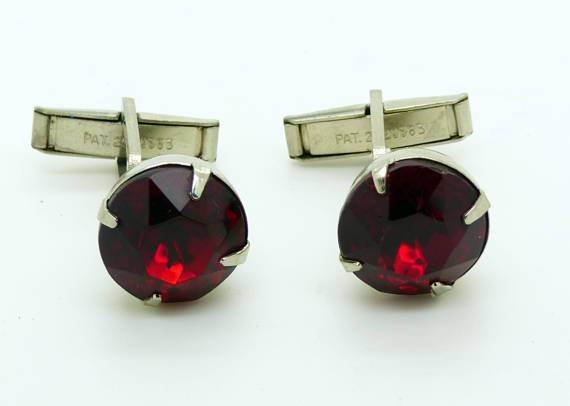 Vintage Red Glass Jewel Silver Tone cufflinks, cuff links - Vintage Lane Jewelry