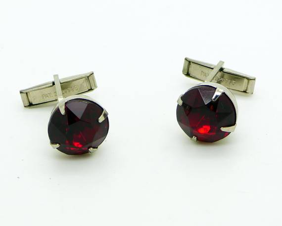 Vintage Red Glass Jewel Silver Tone cufflinks, cuff links - Vintage Lane Jewelry