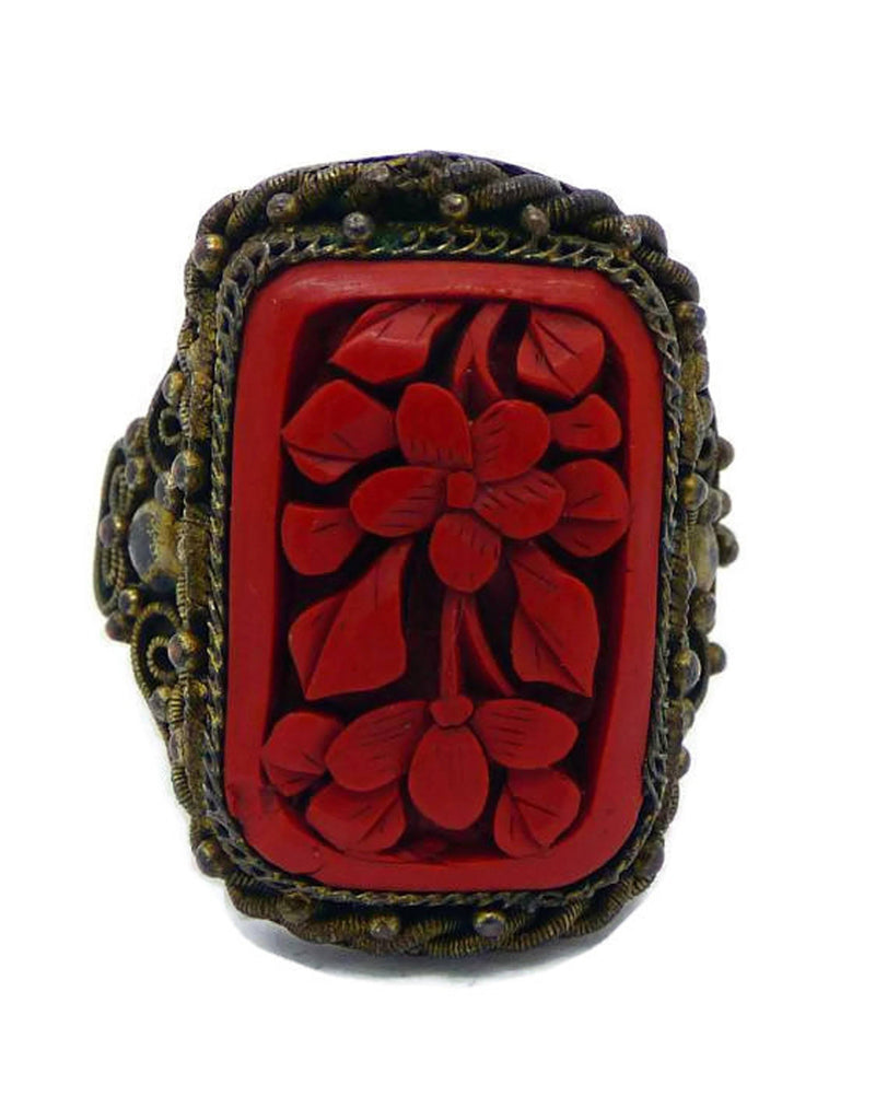 Vintage Estate Signed China Cinnabar Floral Ring, Adjustable - Vintage Lane Jewelry