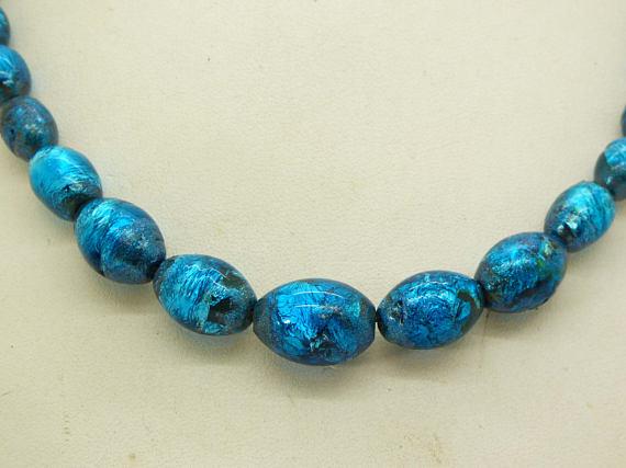 Art Deco Black and Peacock Blue Venetian Foiled Glass Bead Necklace - Vintage Lane Jewelry