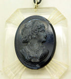 Art Deco Carved Black Celluloid Cameo and Chain Necklace - Vintage Lane Jewelry