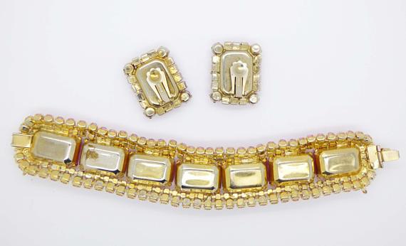 Vintage Juliana D & E Pink Moonstone Rhinestone Bracelet and Clip Earrings - Vintage Lane Jewelry