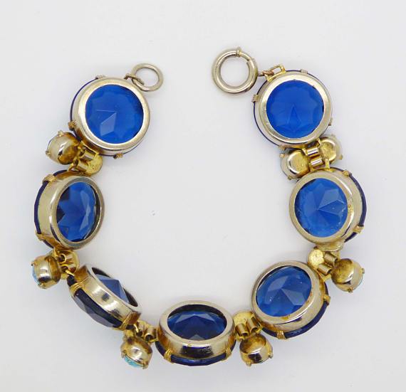 Vintage Glass Headlight Rhinestone Bracelet, Deep Blue and Aquamarine - Vintage Lane Jewelry