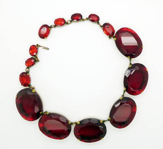 Dark Garnet Large Oval Czech Open Back Glass Stones Necklace - Vintage Lane Jewelry
