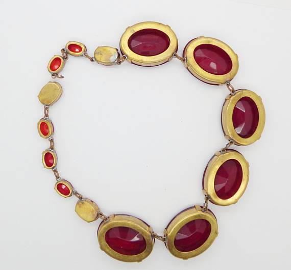 Dark Garnet Large Oval Czech Open Back Glass Stones Necklace - Vintage Lane Jewelry
