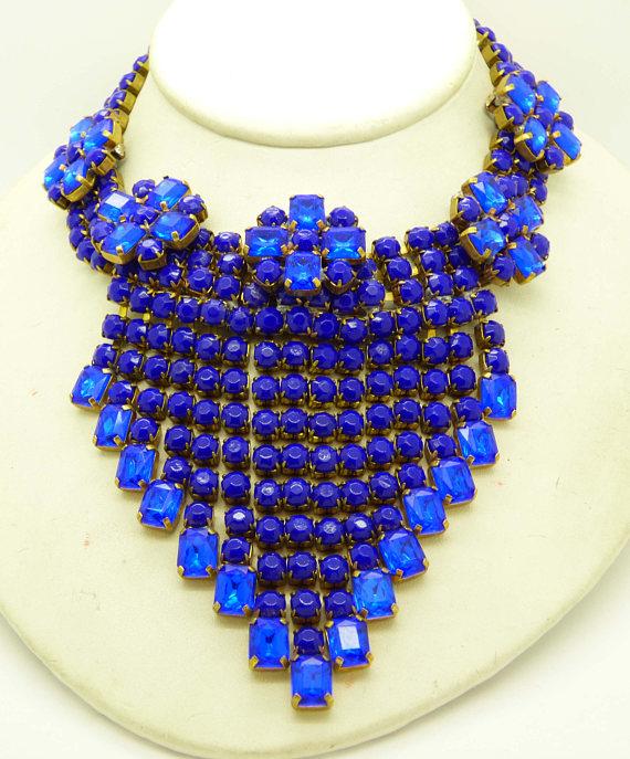 Bijoux Mg Cobalt Blue Czech Glass Flower Parure, Necklace, Bracelet and Earrings - Vintage Lane Jewelry