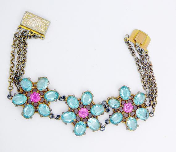 Pink and Blue Open Back Crystal Flower Bracelet - Vintage Lane Jewelry