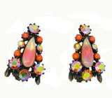 Florenza Peach Givre and Orange Rhinestone Japanned Clip Earrings - Vintage Lane Jewelry